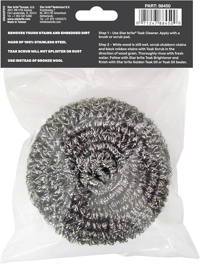 STAR BRITE Marine-Grade Stainless Steel Scrub Scouring Pad Scrubber - Refinish Wood Furniture & Boat Teak
