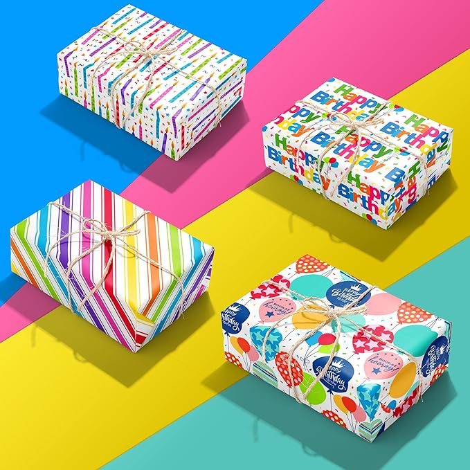 Birthday Wrapping Paper Sheet - 12 Sheets Folded Flat Gift Wrap with “Happy Birthday” Candles, Balloons, Colorful Stripes for Party, Baby Shower - 20 X 28 Inch Per Sheet