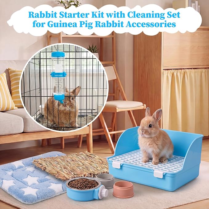 34 Pcs Rabbit Starter Kit Rabbit Litter Box Small Animal Water Bottle Cups Bunny Tunnels Animal Grooming Kit Bowl Blanket with Cleaning Set for Guinea Pig Bunny(Style 3,Light Blue)
