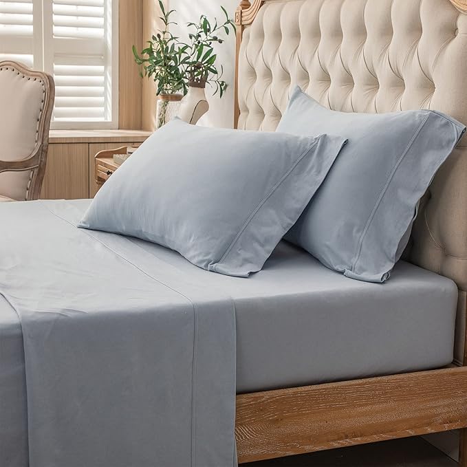 PURE ERA Jersey Knit 4pc Bed Sheet Set 100% T-Shirt Cotton Super Soft Comfy Breathable Fits Mattress Up to 20" Extra Deep Pocket (Solid Light Blue, Queen)