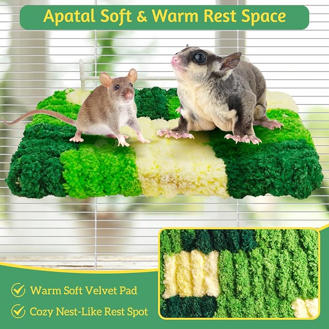 Rat Cage Platform 2Pcs Rat Cage Accessories with Warm Velvet, Sugar Glider & Chinchilla Toy Cage Hanging Shelf Stand, Rest Perch Fit Squirrel Gerbil Mouse Green Pet Standing Jumping(Small)