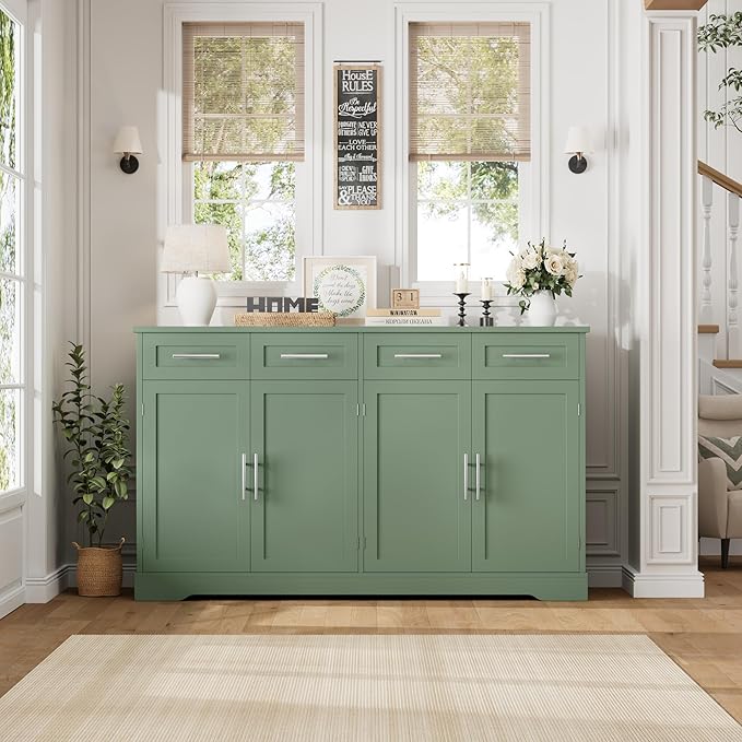 HOSTACK 60" Large Buffet Sideboard with Storage, 36" Tall Kitchen Buffet Storage Cabinet with 4 Drawers, Modern Coffee Bar Cabinet with Gold Handles, Long Sideboard Buffet Table for Kichen, Green
