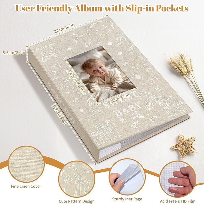 Baby Photo Album 4x6 300 Pockets with Memo Area & Hand and Footprint Kit, Linen Cover Slip-in Memory Book with Front Window, Acid-Free Keepsake for Newborn Boy Girl, First Year Moments