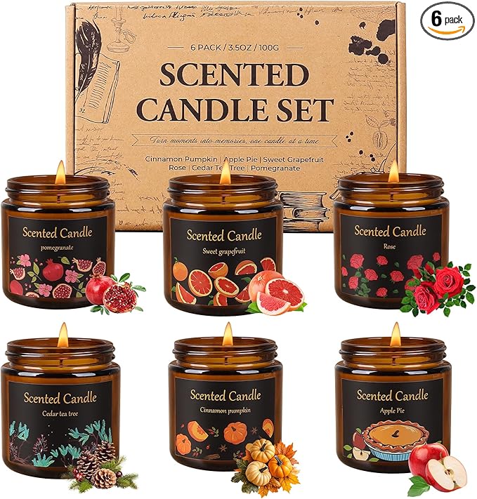 6 Pack Candles for Home Scented, Aromatherapy Candles for Women Men, 21oz Natural Soy Wax Scented Candle Set, Amber Jar Candle Gifts Set for Birthday, Christmas, Valentines Day