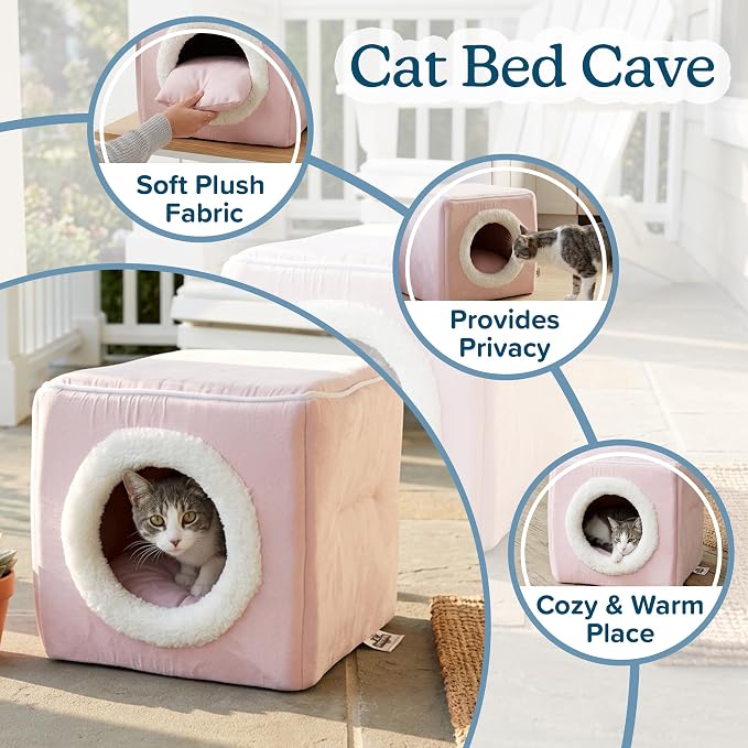 Cat House - Indoor Bed with Removable Foam Cushion - Cat Cave for Puppies, Rabbits, Guinea Pigs, Hedgehogs, and Other Small Animals by PETMAKER (Pink)