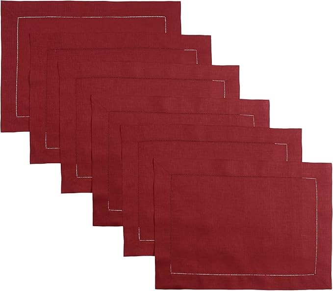 D'Moksha Homes Red Linen Placemats Set of 6 - Classic Hemstitch Placemats 14 x 19 Inch - 100% Pure Linen Table Mats for Fall, Thanksgiving, Christmas, Holiday - Handcrafted and Machine Washable