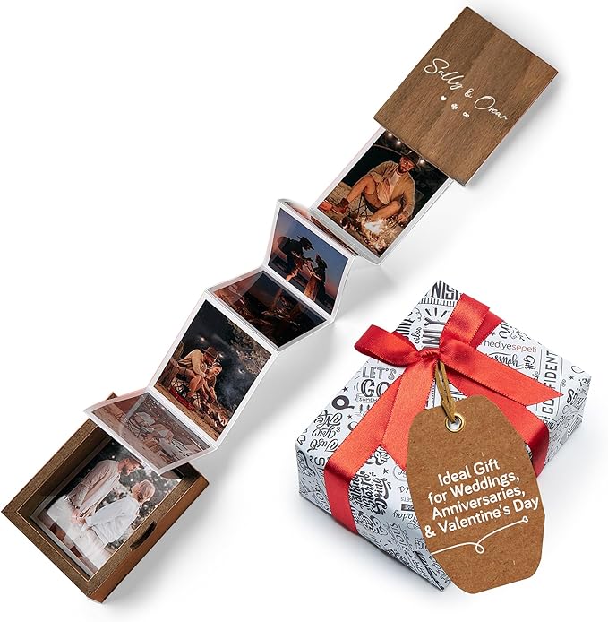 udelf Personalized Wooden Photo Keepsake with Accordion Picture Pull-Out – Custom Memory Box, Wedding & Anniversary Present, Holds 14 Mini Photo Prints 3"x2" (Romantic-Vertical)