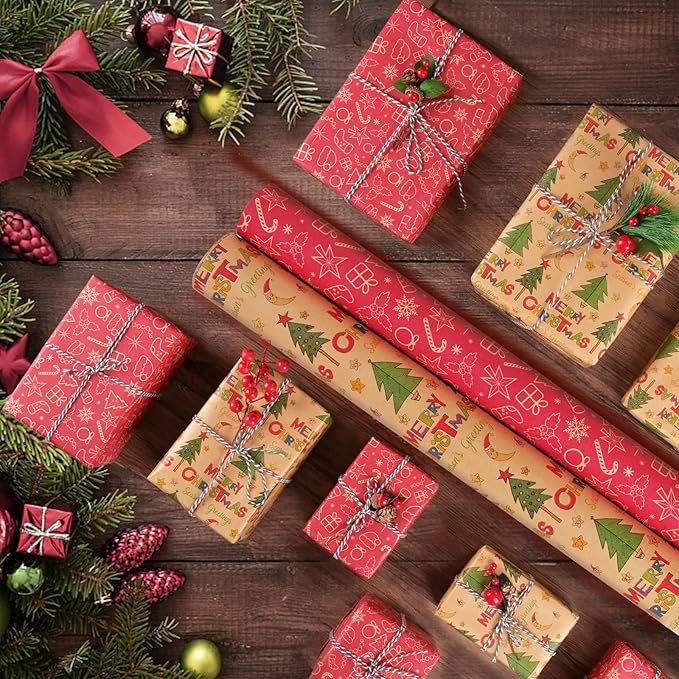 AhfuLife 2 Rolls Christmas Wrapping Paper - 17 Inch × 49.2 Ft Per Roll, Recyclable Red Kraft Xmas Wrapping Paper for Christmas Gift Box Decoration