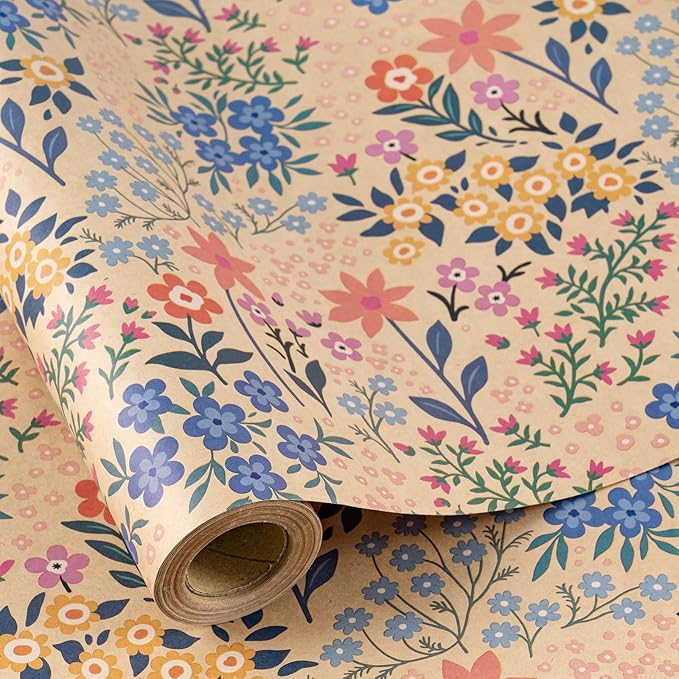 RUSPEPA Kraft Floral Wrapping Paper Roll for Girls Women, Mini Roll, Garden Flower Design, Wildflower Kraft Gift Wrap for Birthday, Spring, Summer, Mother's Day, Bridal Shower, 17 Inches x 9.8 Feet