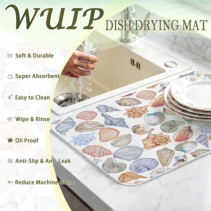 Colorful Seashell Dish Drying Mats for Kitchen Counter, Coastal Beach Conch Shell Absorbent Reversible Coffee Bar Mat Drying Pad for Kitchen Decor, 12x15 Inch