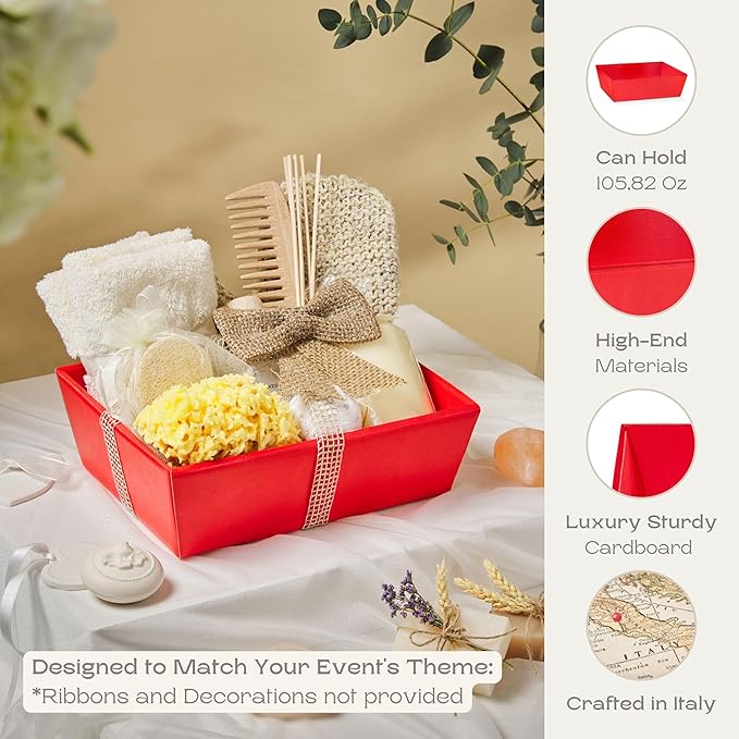 Pack of 5 Empty Baskets for Gifts - Gift Baskets Empty to Fill Ideal for Christmas Gifts and Valentines Presents | 9" x 6.69" x 3.14" Red Linen