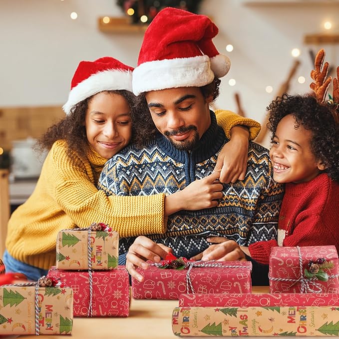 AhfuLife 2 Rolls Christmas Wrapping Paper - 17 Inch × 49.2 Ft Per Roll, Recyclable Red Kraft Xmas Wrapping Paper for Christmas Gift Box Decoration