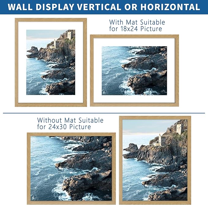 24x30 Frame Set of 2, Natural Oak Wood Style - Display 18x24 Picture Frame with Mat or 24 x 30 Poster without Mat, Wall Mounting Horizontal and Vertical