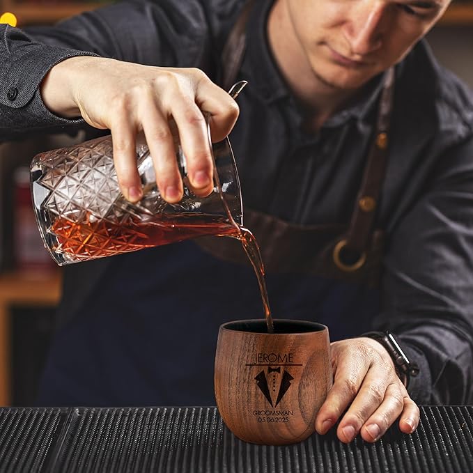 Personalized Whiskey Glasses Custom Wooden Whiskey Glass Groomsmen Gifts Bourbon Drinking Glasses Gifts with Any Text for Birthday Christmas Fathers Day Wedding (Design 4)