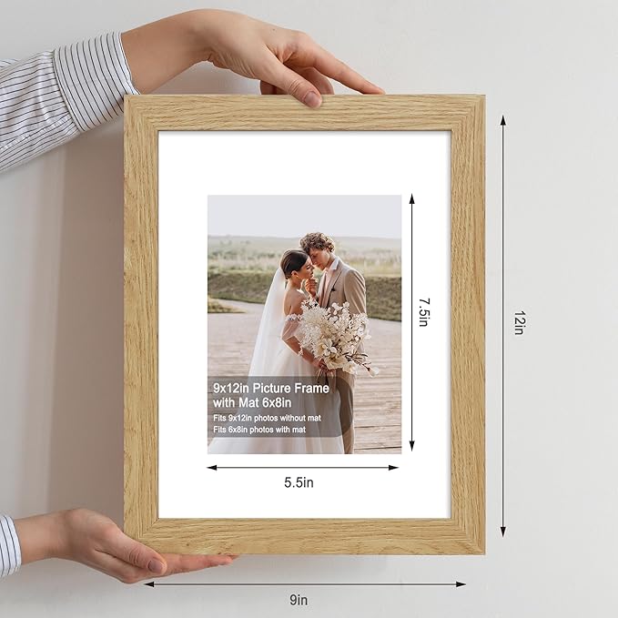 9x12 Picture Frame Set of 4, Made of Glass and Natural Oak Wooden Frame - Display Picture 6x8 with Mat or 9 x 12 Without Mat, 9 by 12 Photo for Wall or Tabletop