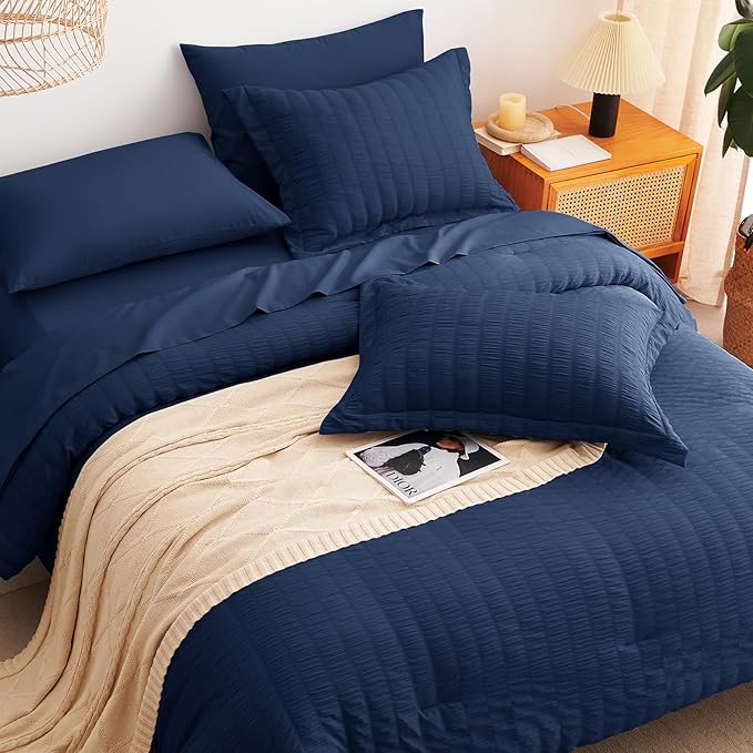 CozyLux King Size Comforter Set Navy Blue Seersucker 7 Pieces Bed in a Bag King Comforter Set with Sheets, Luxury Bedding Set with Down Alternative Comforter, Sheets, Pillowcases & Shams All Seasons