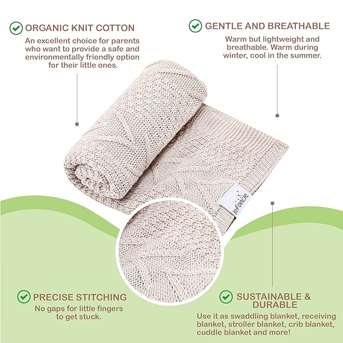 Organic Cotton Baby Blanket - 31.5 x 43.3 Inches, Soft Knitted Crib Blanket for Boys & Girls, Breathable Design (Beige)