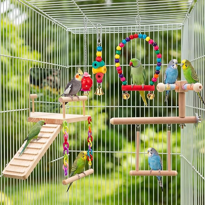 13 Pcs Bird Parakeet Toys, Bird Perch Platform Swing Mirror Ladder with 360° Spin Function, Hanging Parakeet Swing Birds Cage Accessories Toys for Cockatiel Lovebird Parrot
