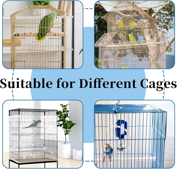 Daoeny Bird Cage Seed Catcher, Large Bird Cage Cover, Adjustable Soft Airy Nylon Mesh Net, Birdcage Cover Skirt Seed Guard for Parrot Parakeet Macaw African Round Square Cages (White, Sequins Star)