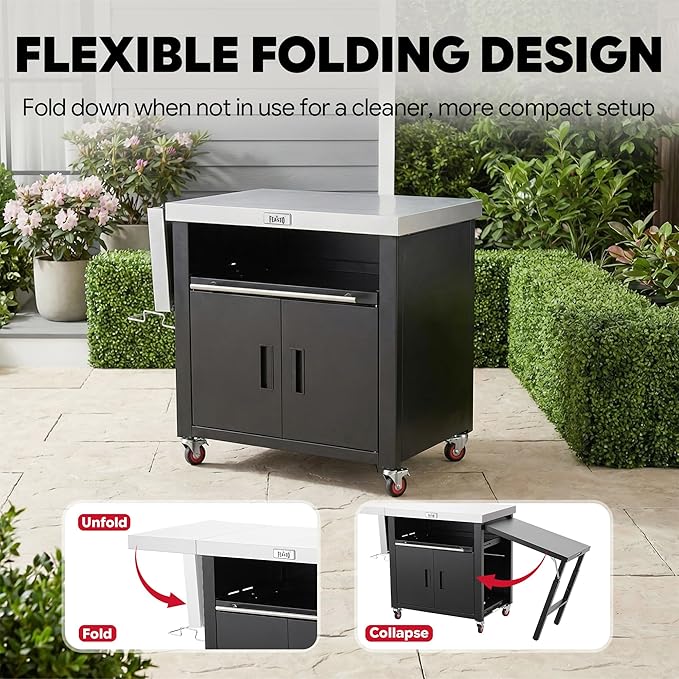 Outdoor Kitchen Island with Cabinet, Outdoor Grill Table with Stainless Steel Top for Pizza Oven& Griddles, Movable Bar Cart with Pull-Out Plate for Parties& Gathering, Heavy-Duty, L74”x W24”
