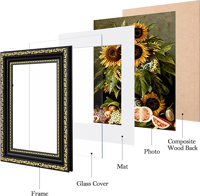 eletecpro 5x7 Picture Frames Set of 4, 5 x 7 Vintage Photo Frames with Glass, Displays 4x6 Photo with Mat or 5x7 without Mat for Tabletop or Wall Decor, Black Gold