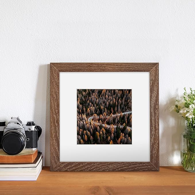Solid White Oak Wood 6x6 Picture Frames with Stand for Wall & Tabletop Display, Rustic Real Glass, Matted to 4x4, Walnut, Set of 4