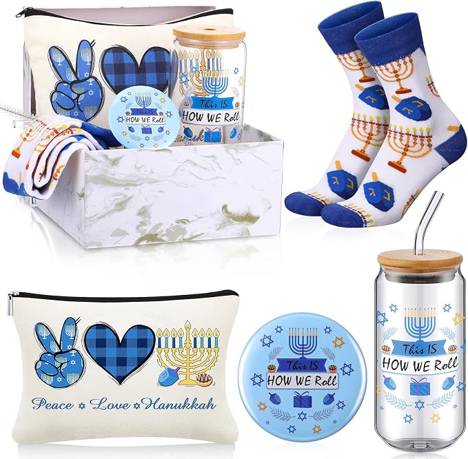 Kacctyen 5 Pcs Hanukkah Jewish Gifts for Women 16 oz Hanukkah Jewish Tumbler with Lid Straw Chanukah Makeup Bag Socks Mirror Gift Box for Chanukah Holiday Friend Coworkers Family