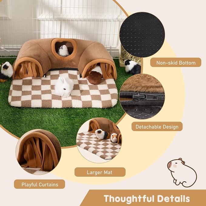 Avont Guinea Pig Tunnel, Small Animal Hideaway Tube Toy | Cozy Plush Tunnel for Guinea Pigs and Small Pets with Non-Slip Bottom and 2-In-1 Design in Large Size Brown