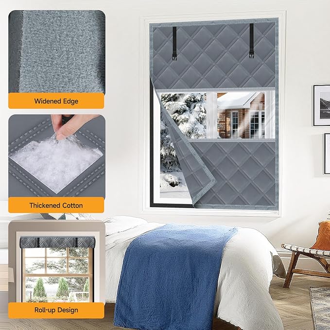 Winter Visible Insulated Window Curtain 47"x63", Oxford Cloth Thermal Insulated Window Cover with Buckles,Heavy Duty Window Insulation Kit Fits Windows up to 46"x62",Grey