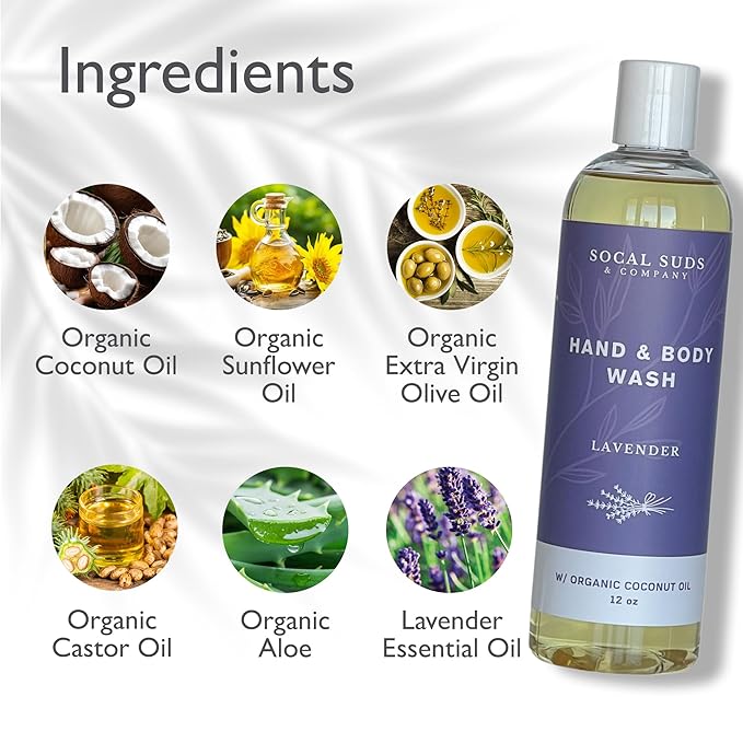 SoCal Suds & Company - 12oz Organic Soap Liquid, Gentle Hand & Body Wash, Organic Body Wash for Men and Women, Made w/Organic Oils & Coconut Oil, Bath Essentials for All Skin Types - Lavender