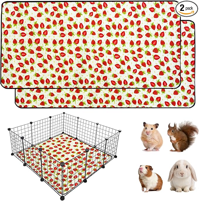 2 Pack Guinea Pig Cage Liners, 36"x 36" Washable Waterproof Bedding for Rabbit, Bunny, Hamster & Small Animals, Reusable Super Absorbent Pee Pads for C&C Cage, Strawberry Print