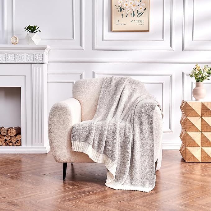 CozeCube Super Soft Fullfy Microfiber Reversible Knitted Blankets, Warm Cozy Fuzzy Plush Throw, Grey and White Melange Throw Blanket for Couch Bed Sofa, 50" x 60"