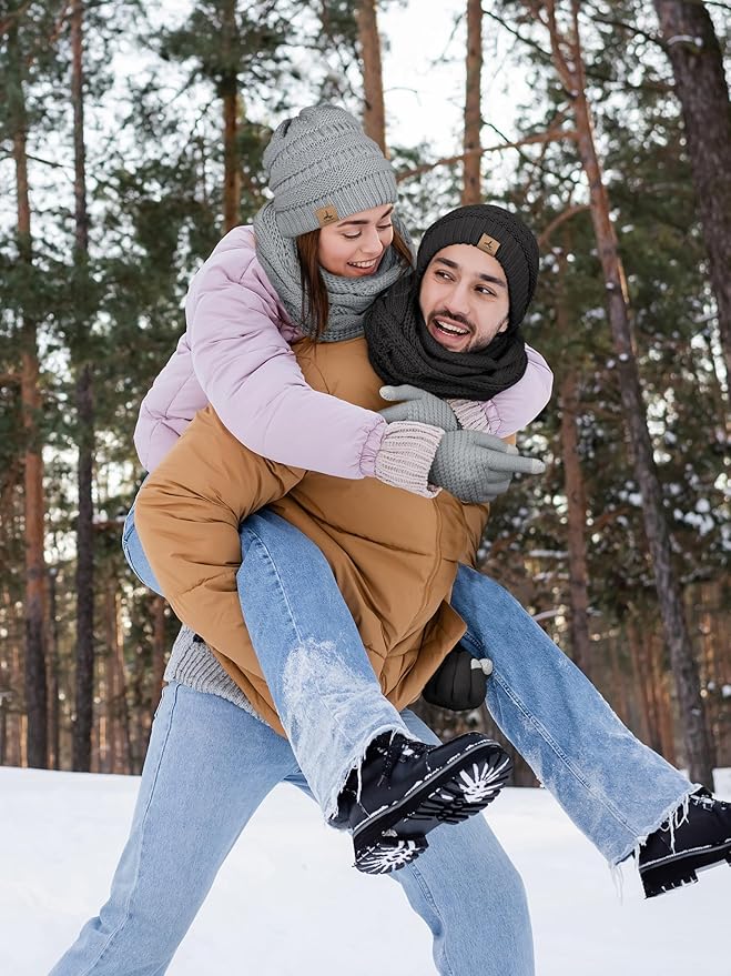 Winter Beanie Hat Scarf Gloves, Warm Fleece Knit Hats Touch Screen Gloves Neck Scarf Set Winter Gifts for Unisex Adult