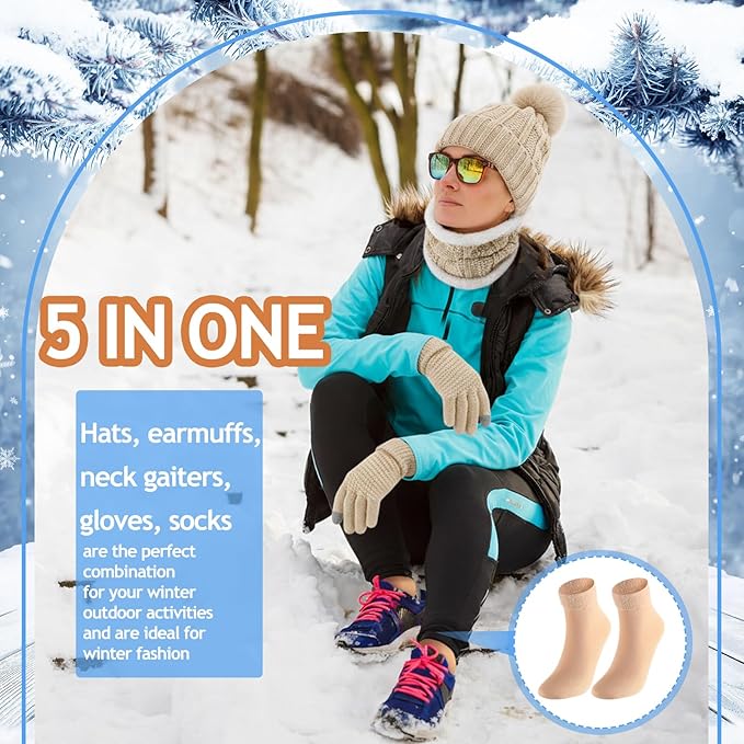 SATINIOR 5 Pcs Winter Satin Lined Hat Scarf Gloves Set Knit Pompom Beanie Warm Touchscreen Glove Earmuff Ear Warmer for Women