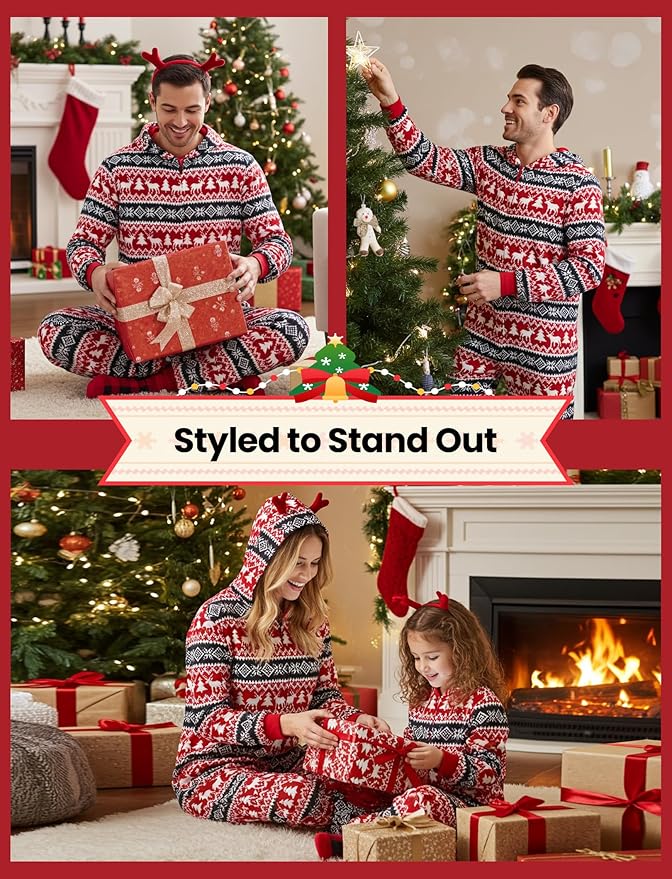 PATPAT Matching Family Christmas Onesie Pajamas – Holiday Hooded Jumpsuit Sleepwear PJs Couples Xmas Loungewear with Socks