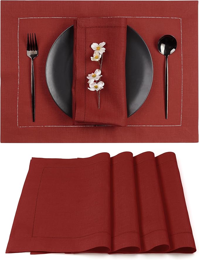 D'Moksha Homes Red Linen Placemats Set of 4 - Classic Hemstitch Placemats 14 x 19 Inch - 100% Pure Linen Table Mats for Fall, Thanksgiving, Christmas, Holiday - Handcrafted and Machine Washable