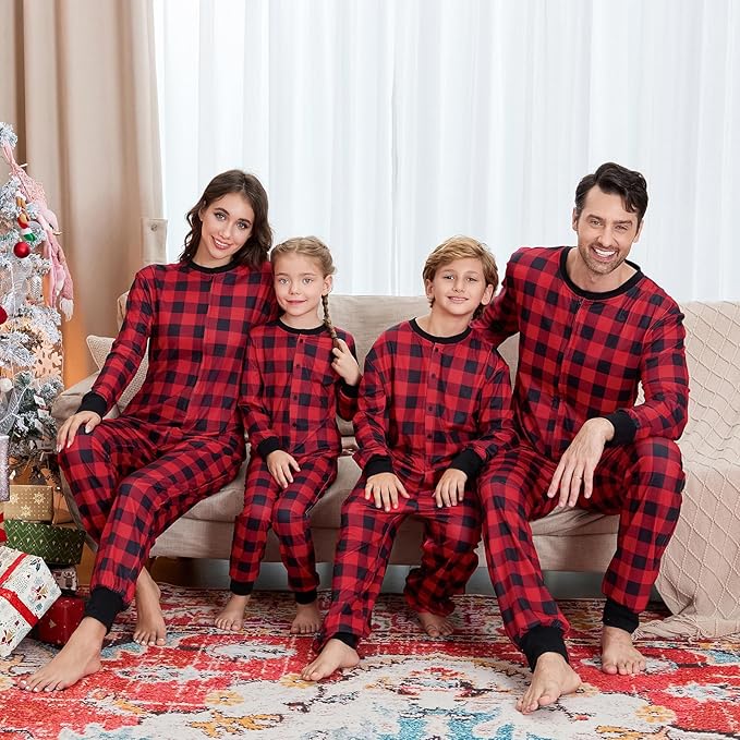 Matching Family Christmas Onesie Pajamas, Buffalo Plaid One-Piece Sleepwear Holiday Loungewear w Zipper