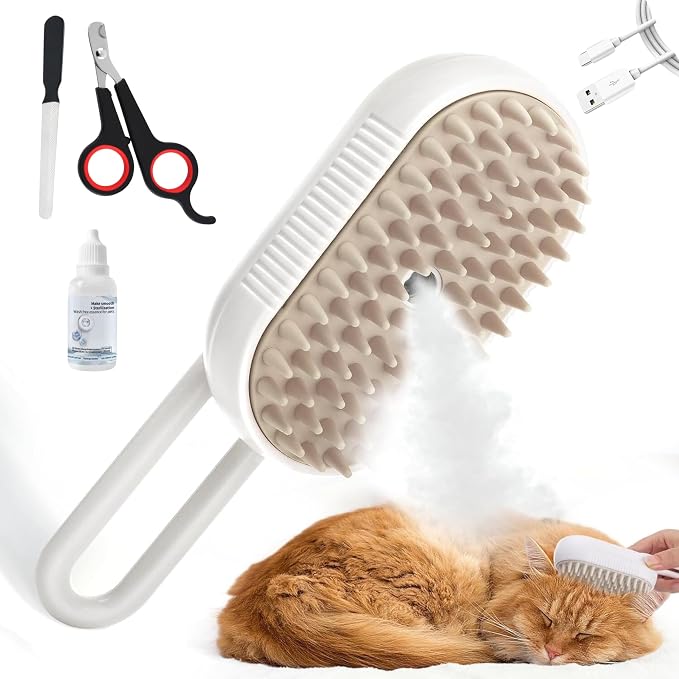 Rabbit Ferret Steam Brush 5 In1 Grooming Kit for Cats Dogs Silicone Massage Tool Stainless Steel Nail Scissors Hair Detangling Comb - Water Spray Rechargeable Shedding Wash-Free Essence (White)