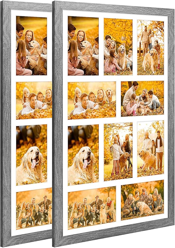 13x21 Collage frame with 10 Openings 4X6 Pictures, Multiple Picture Frame with Mat, Wall or Tabletop Decor, Grey Wood Grain,2 Pack