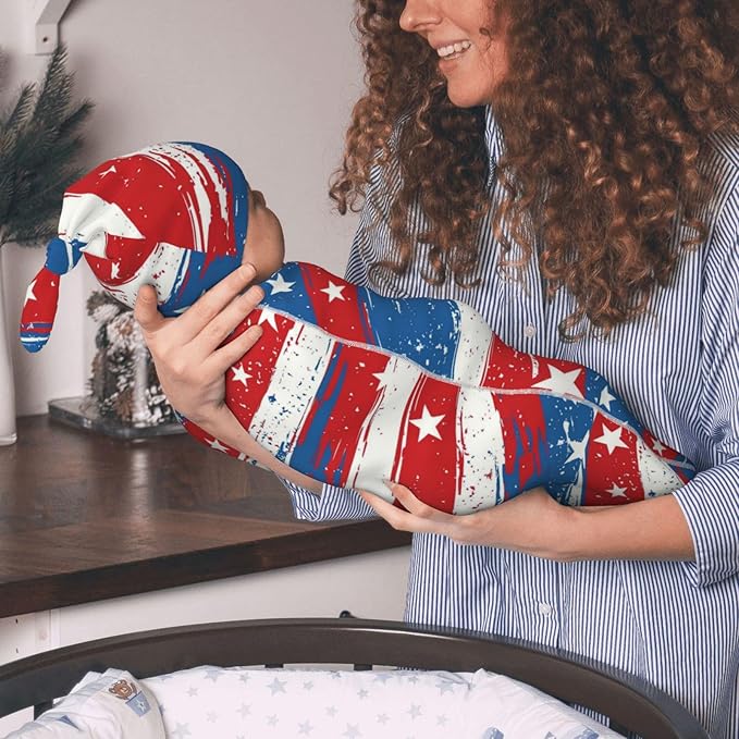 Newborn Swaddle Blankets and Hat Set Soft Cotton Baby Swaddle Wrap Warm Infant Receiving Blanket Flag