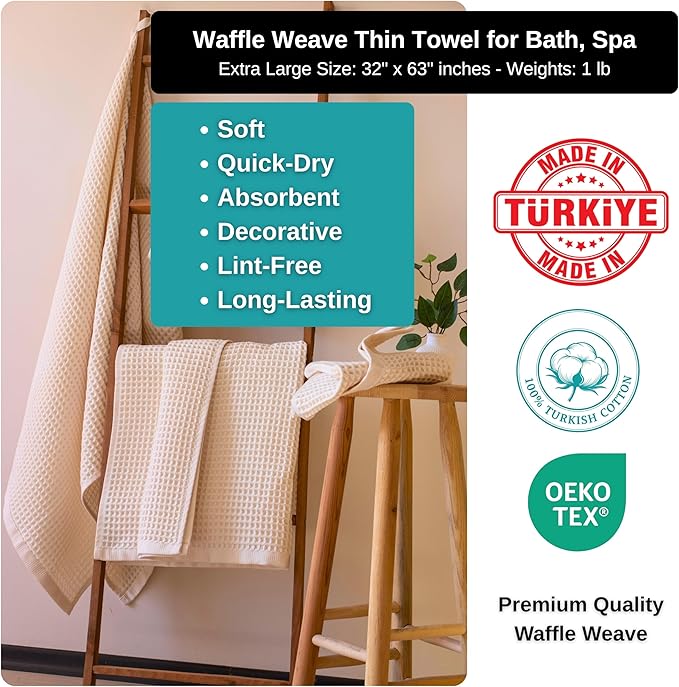 PÜSKÜL Premium Waffle Bath Towels Set of 2 - Organic 100% Turkish Cotton Bath Towel - Quick Dry, Absorbent, Light, Thin, 32x63 Large Waffle Towels for Bathroom (Natural Beige Bath Towels - Pack of 2)