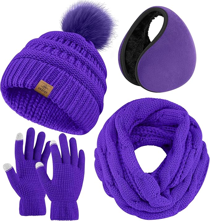 URATOT 4-In-1 Winter Warm Sets Knitted Scarf Touch Screen Gloves Beanie Pompom Hat and Winter Ear Warmer for Men or Women