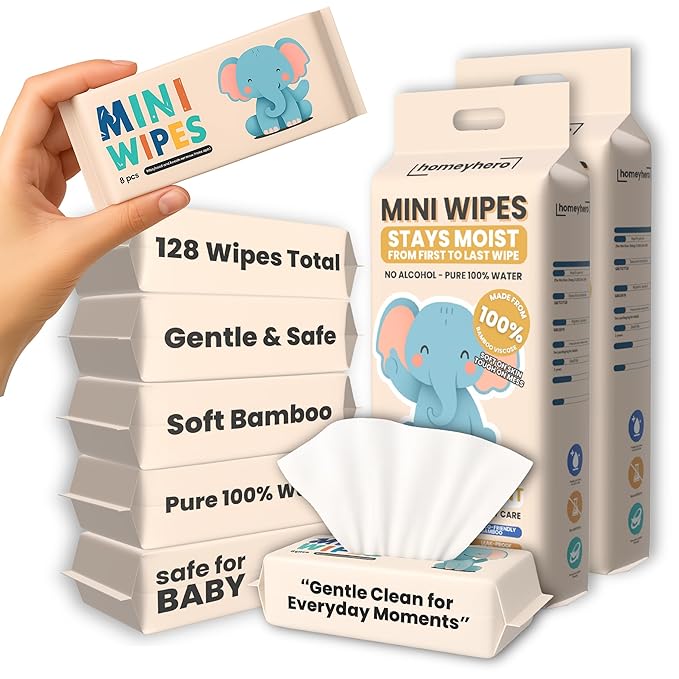 Mini Wet Wipes - Alcohol & Fragrance Free, Safe for Babies & Kids - 16 Bags Total 128 Wipes (Sunset Elephant)