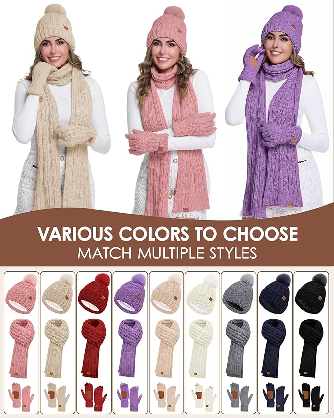 Womens Winter Beanie Hat Scarf Gloves Set, Fleece Lined Knitted Hat with Pompom Long Scarf Touchscreen Mittens for Women Men