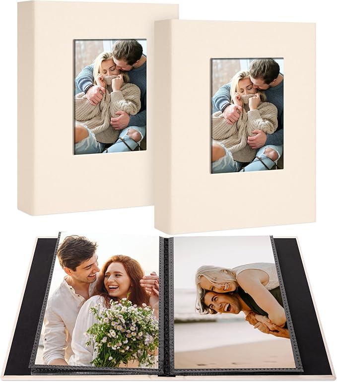 2 Pack Photo Album Holds 48 Pockets with Linen Cover and Customizable Window, Fits 4x6 Photos, Archival Black Pages, Beige