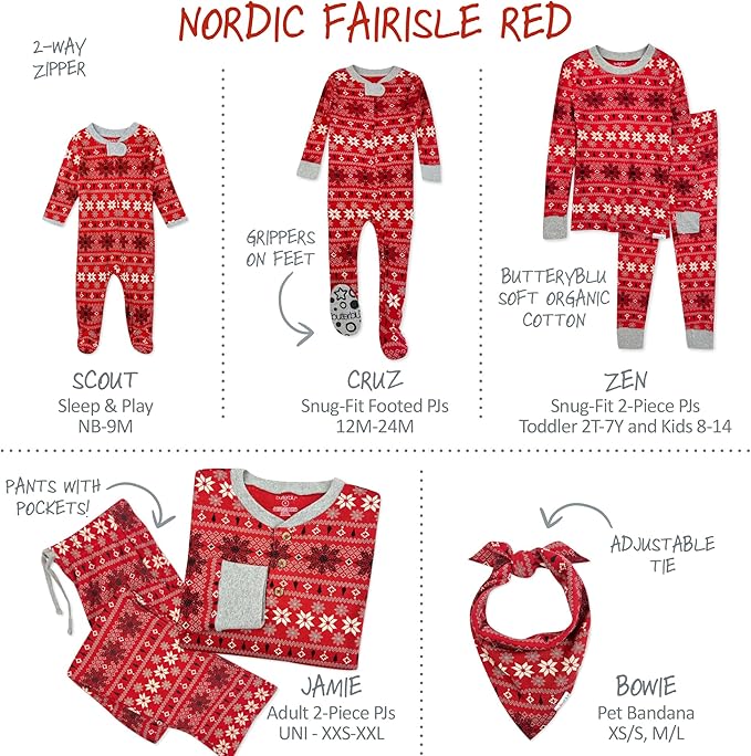 JAMIE Matching Family Jammies Holiday Pajamas 100% Organic Cotton PJs Adults, Kids, Toddlers, Baby, Pets