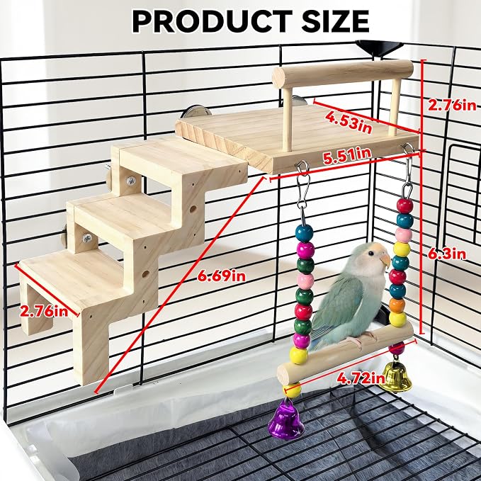 Bird Perch Platform with Ladder & Swing,Parrot Wooden Play Gym Cage Toys | Bird Wood Playing Exercise Stands Perches,Parakeet Climbing Ladder Playground Cage Accessories for Cockatiel Budgie Lovebird