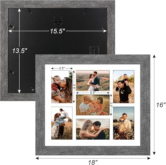 13.5X15.5 Picture Frames Collage with 7 Openings 4X6 Pictures, Multi Photo Frame with Mat for Wall Hanging Decor, Grey Wood Grain