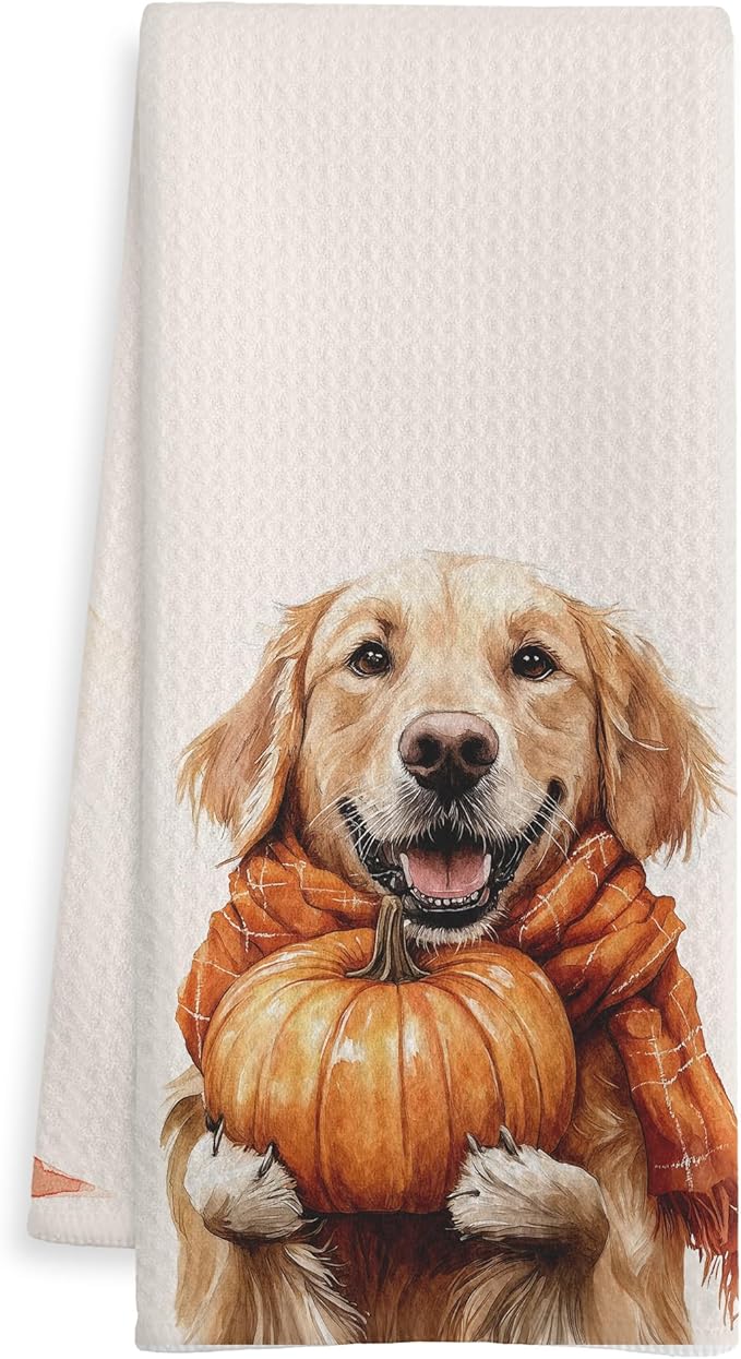 Fall Golden Retriever Gift Kitchen Towels, Golden Retriever Lovers Gifts, Farmhouse Fall Autumn Maple Leaf Dog Decorative Dish Hand Tea Towels for Bathroom Kitchen, 16x24 Inch