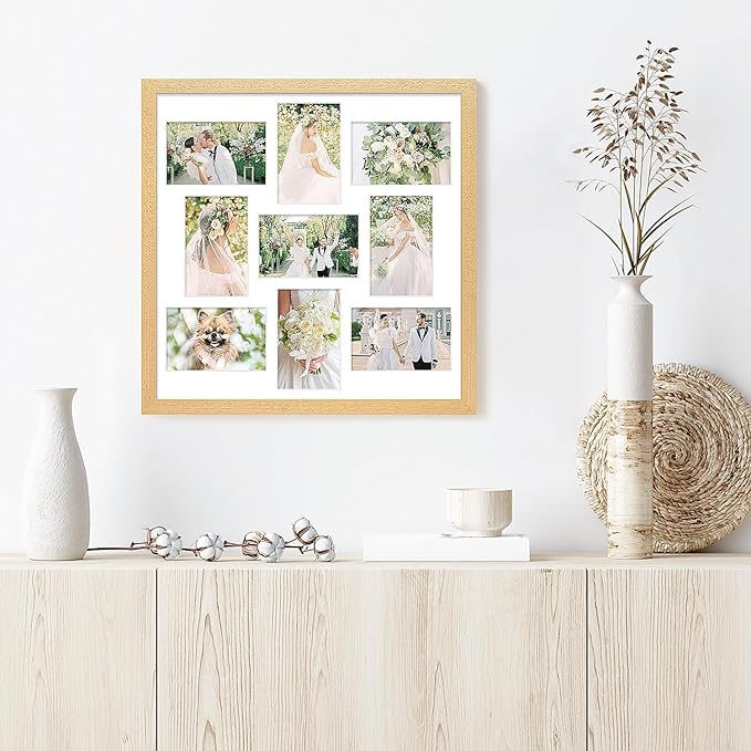 17x17 Collage frame with 9 Openings 4X6 Pictures, Multiple Picture Frame with Mat, Wall or Tabletop Decor, Natural Wood Grain,2 Pack